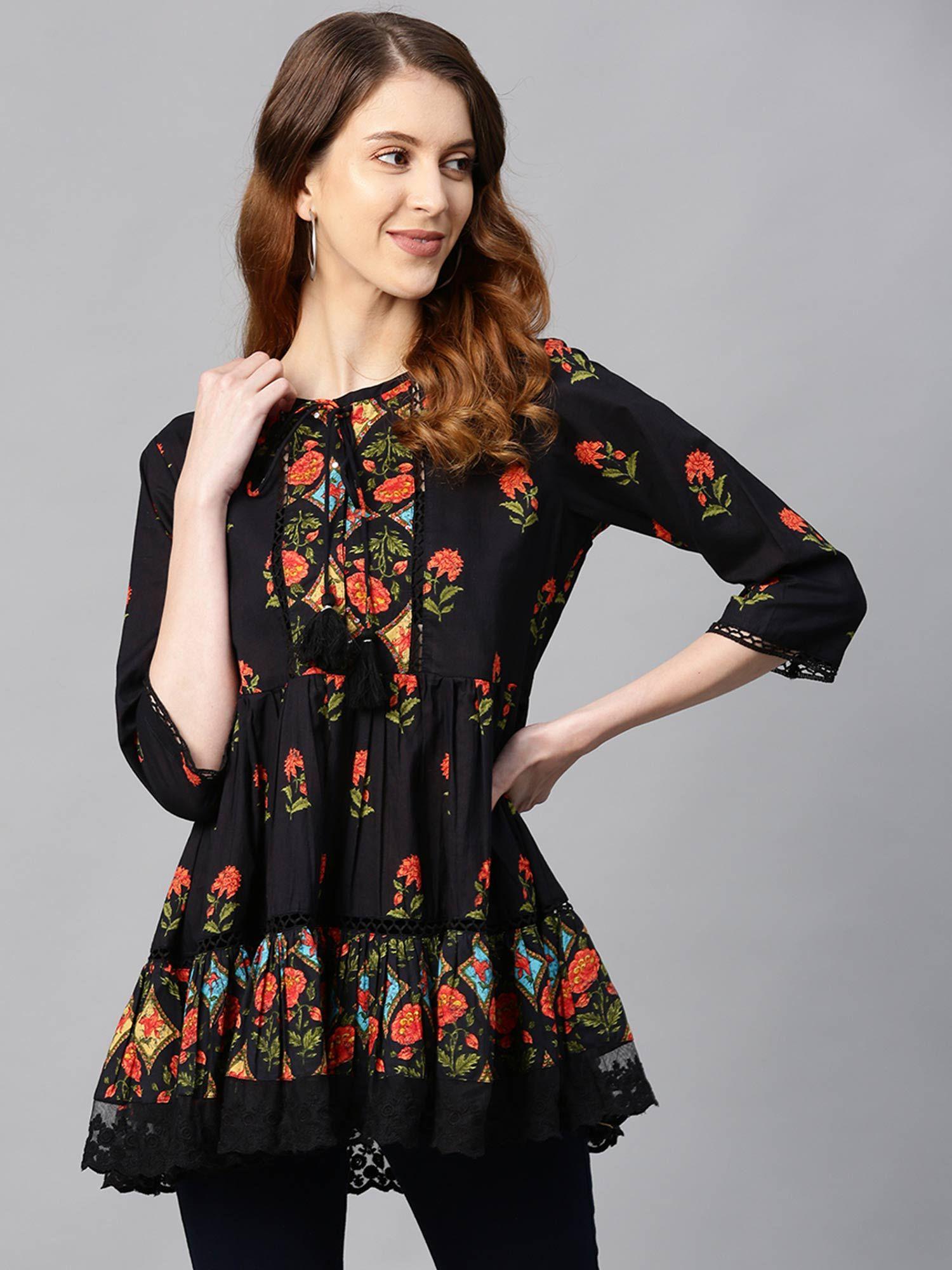 black floral printed peplum pure cotton tunic with lace