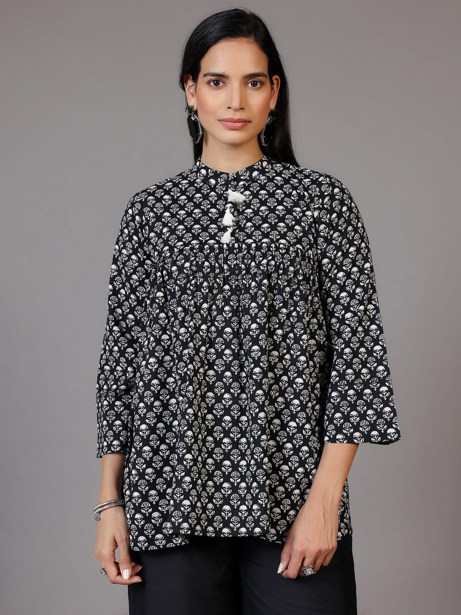 black floral printed pleated cotton kurti with tassels