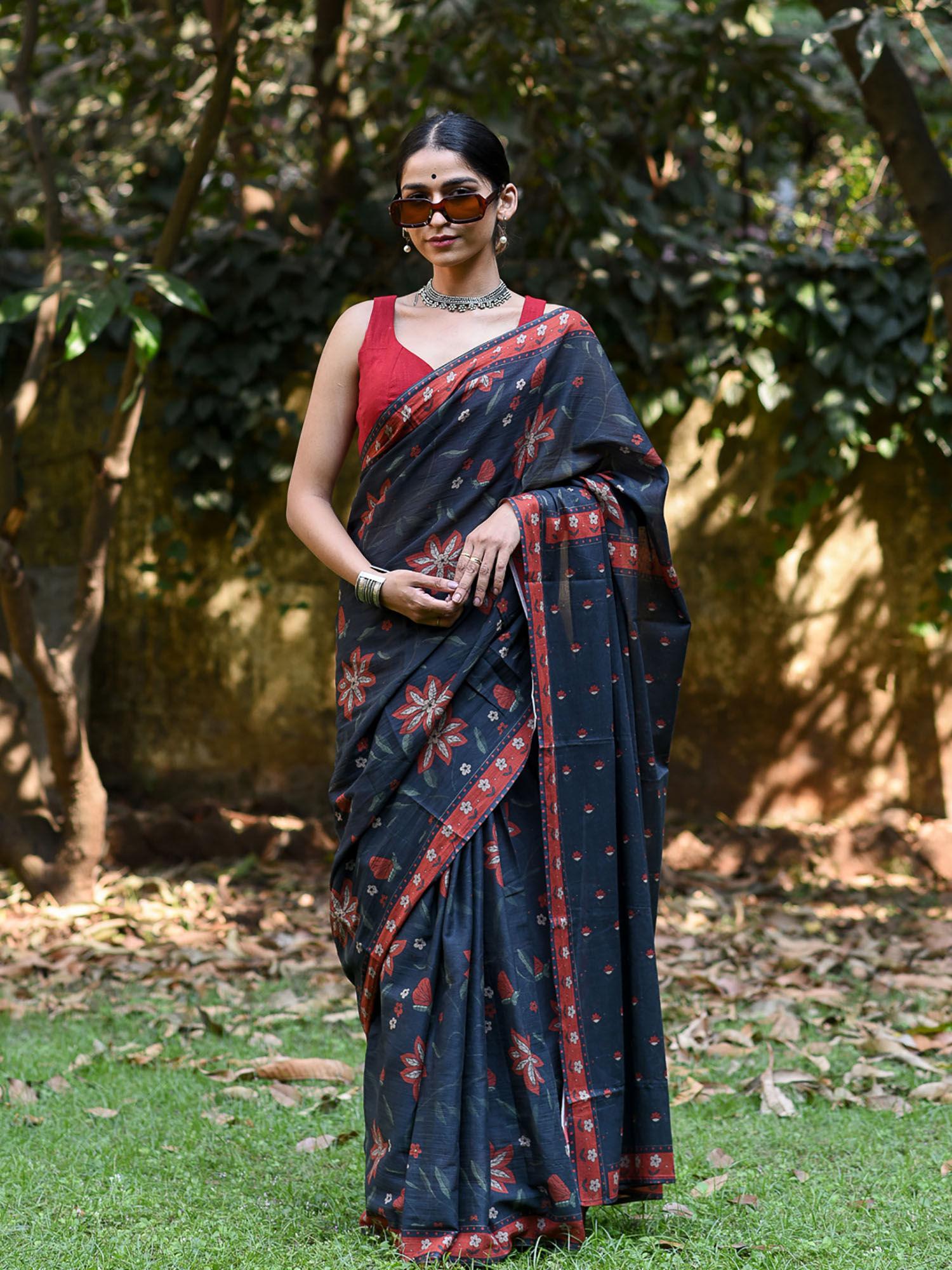 black floral printed pure cotton saree