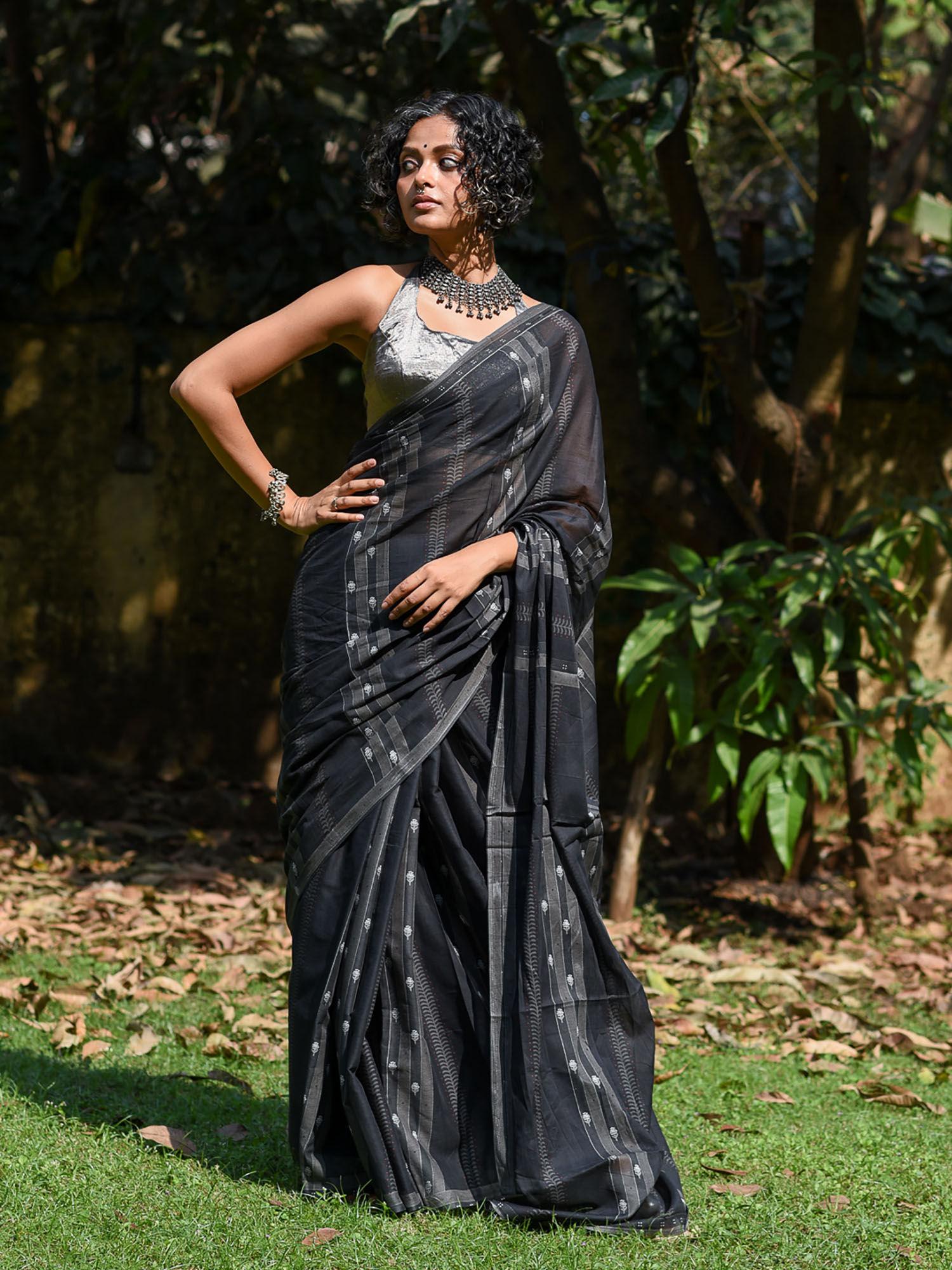 black floral printed pure cotton saree