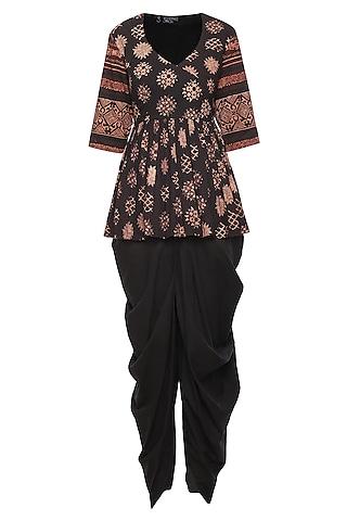 black floral printed short tunic with dhoti pants