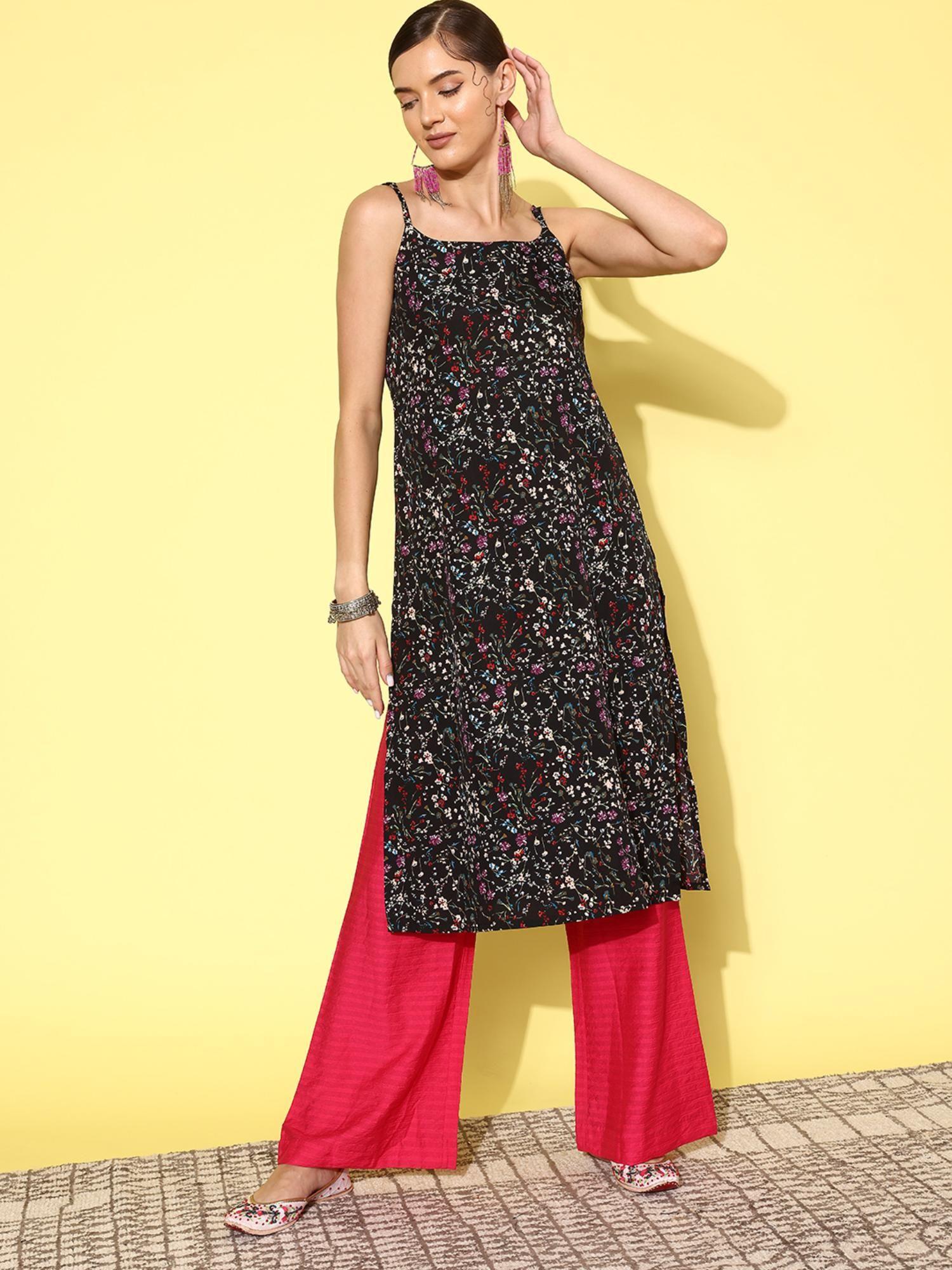 black floral printed spaghetti strap style straight kurta with side slits