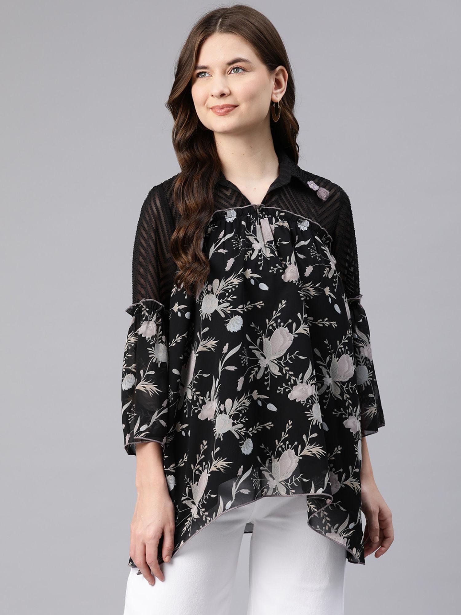 black floral printed spread collar top