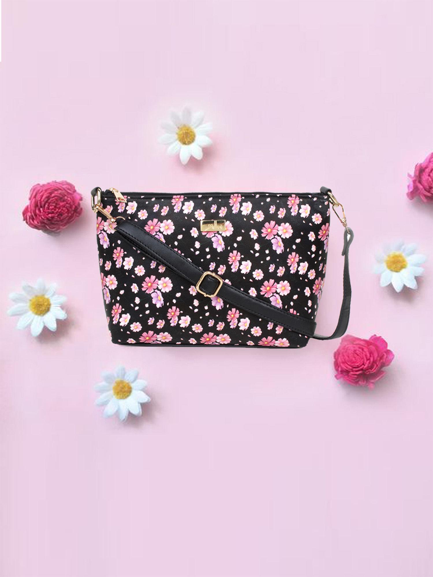 black floral printed structured sling bag