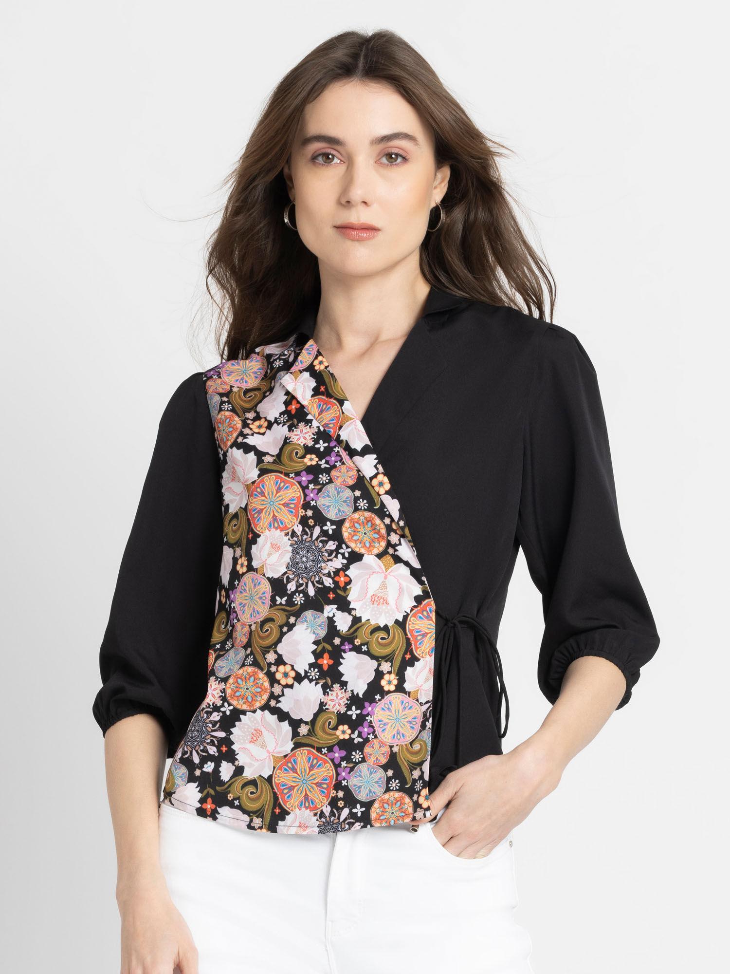 black floral printed three fourth sleeves notched lapel top