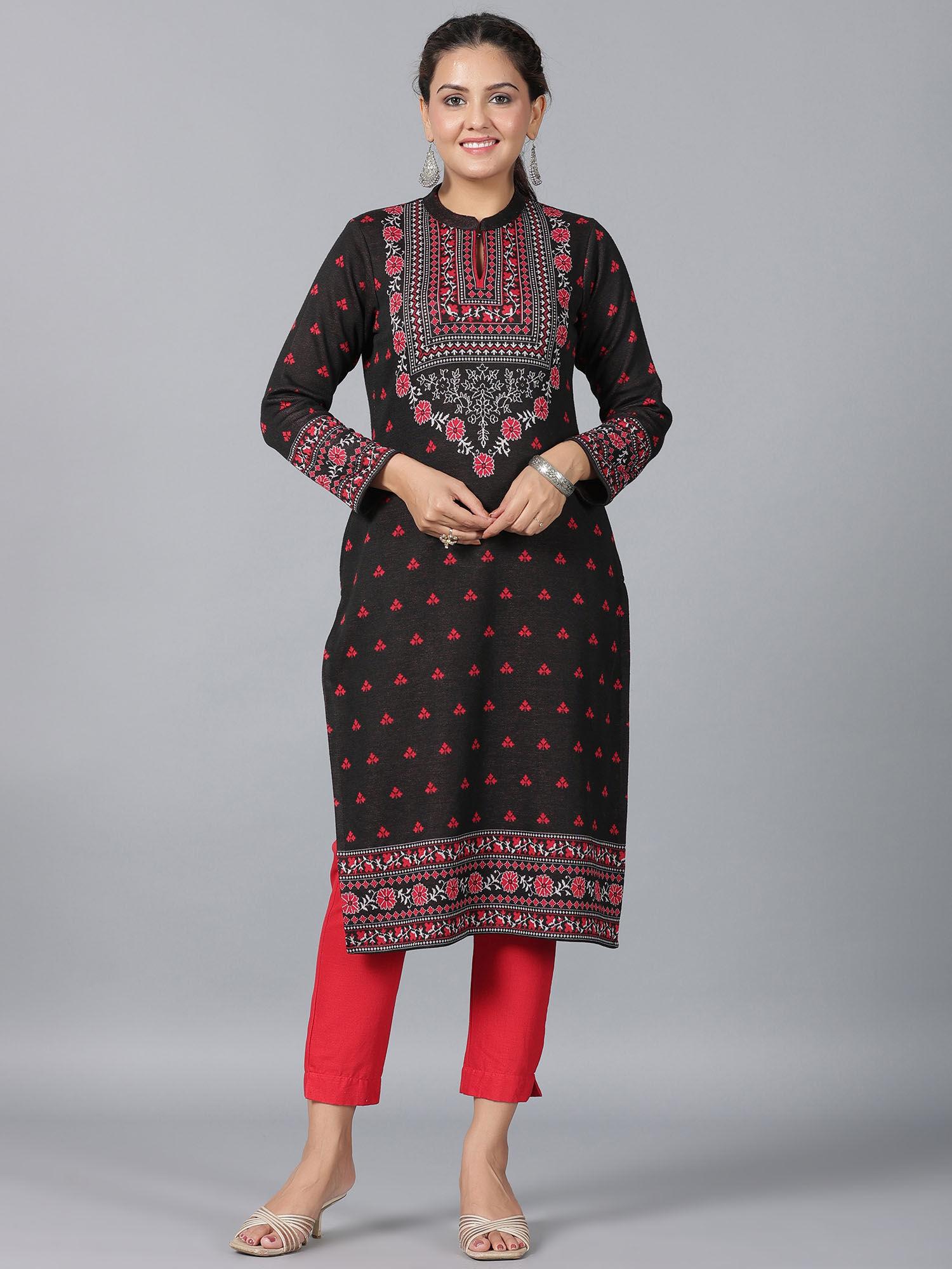 black floral printed woolen straight kurta.