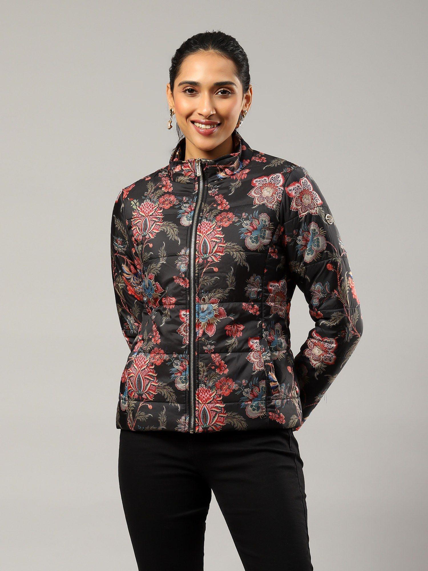 black floral puffer slit pocket jacket