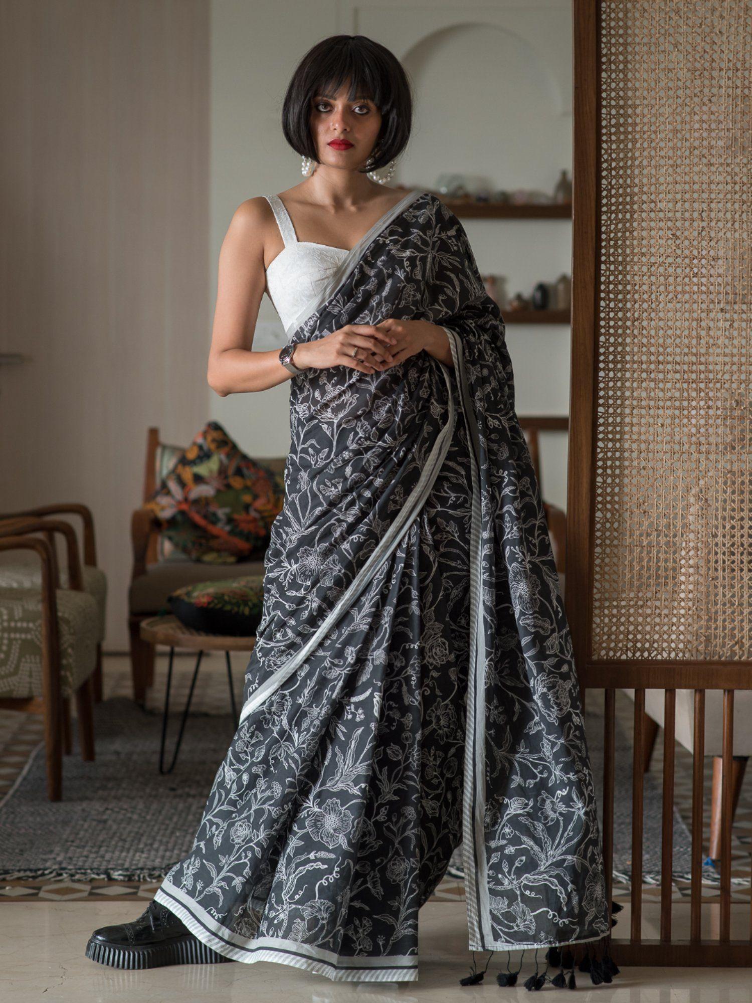 black floral pure cotton saree without blouse