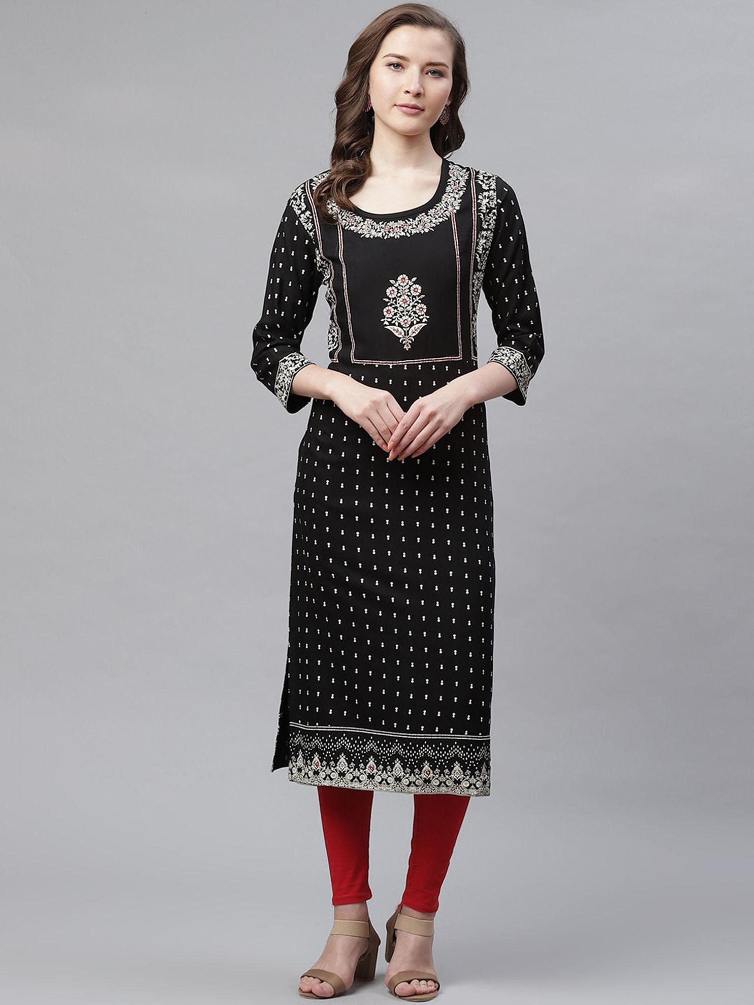 black floral rayon straight kurti