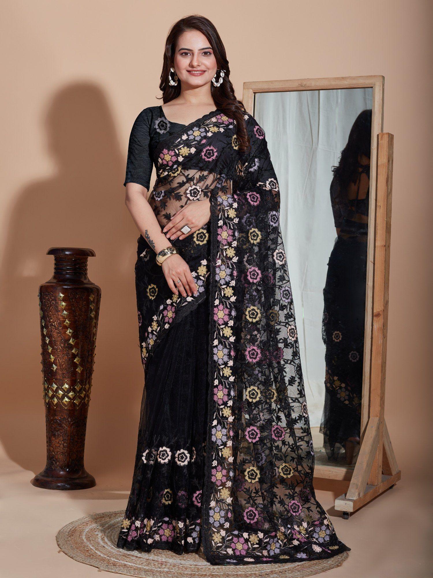 black floral soft net embroidery saree with unstitched blouse