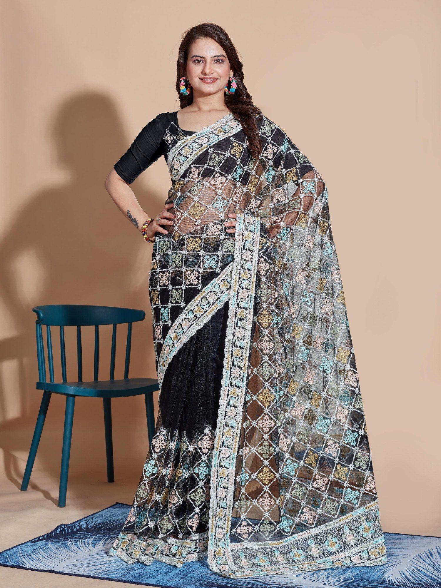 black floral soft net embroidery saree with unstitched blouse