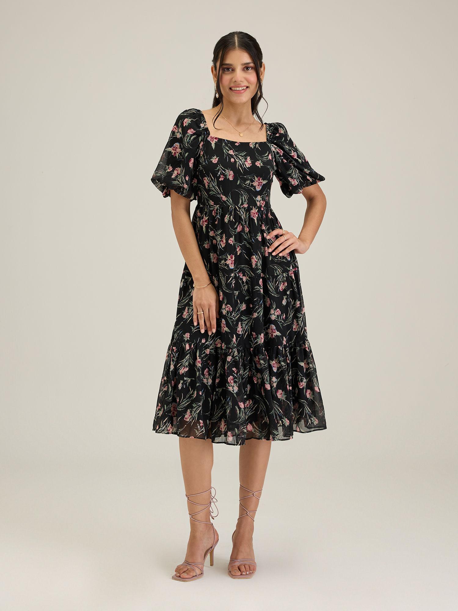 black floral square neck midi dress