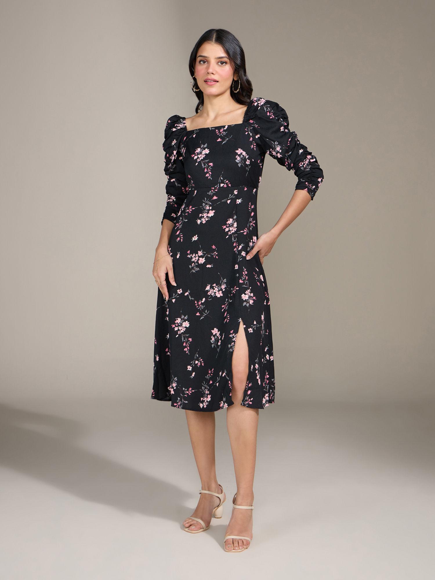 black floral square neck midi dress