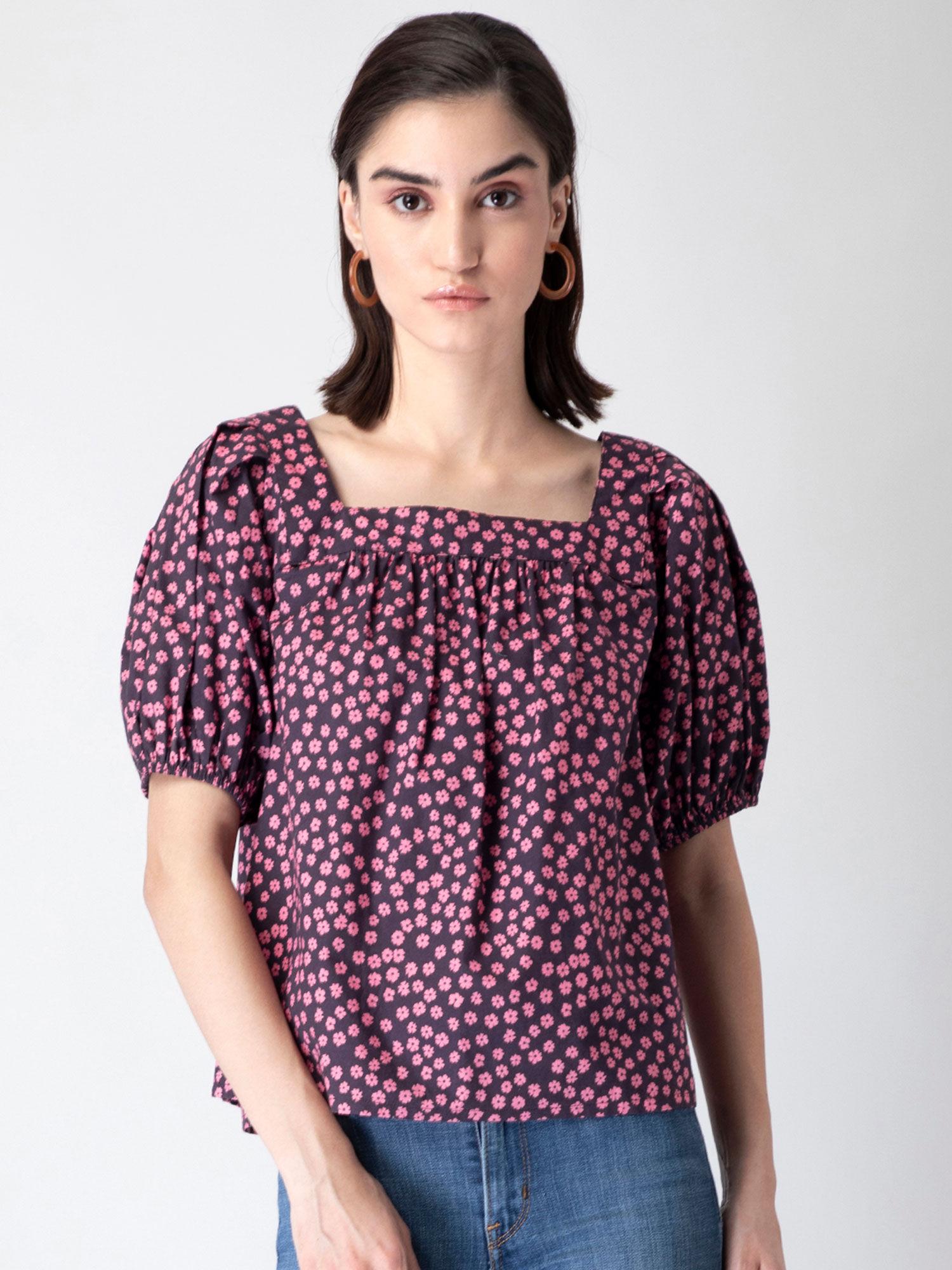 black floral square neck puff sleeve blouse