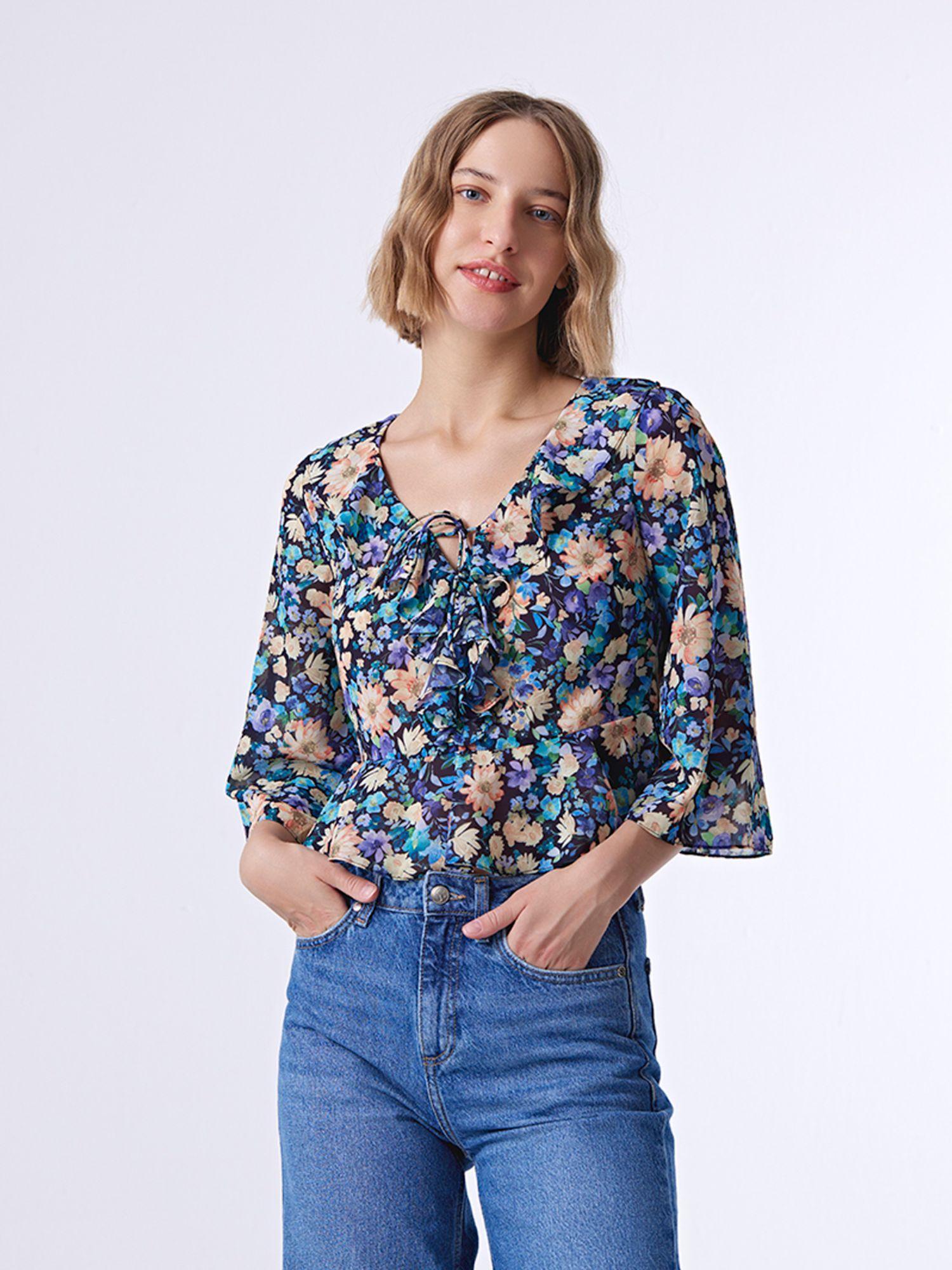 black floral three fourth sleeves keyhole neck top