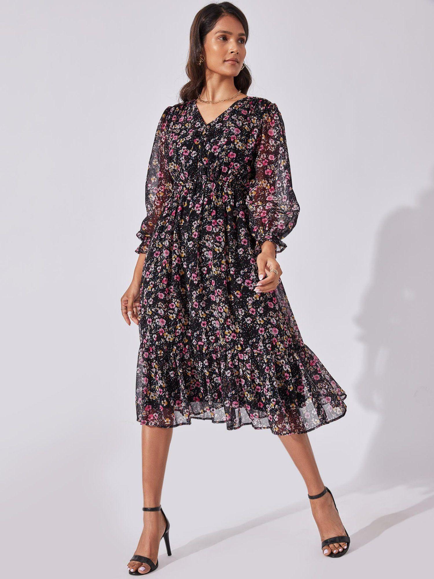 black floral tiered midi dress