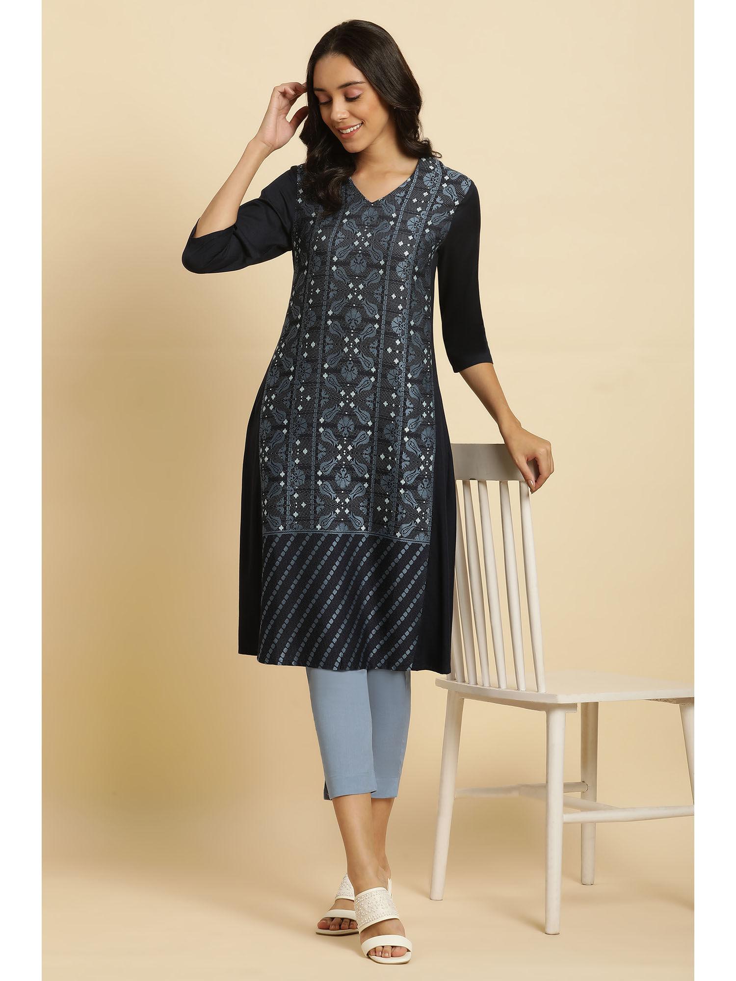 black floral v-neck rayon kurta