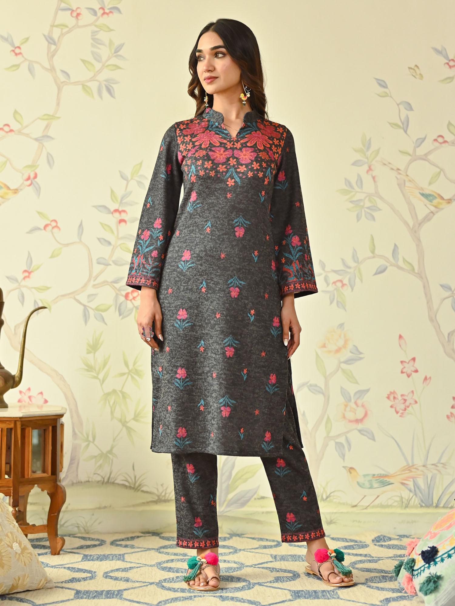 black floral woollen kurta with full sleeves