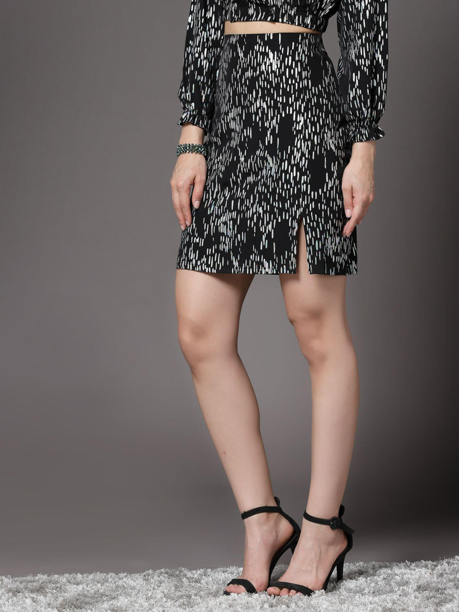 black foil print crepe skirt