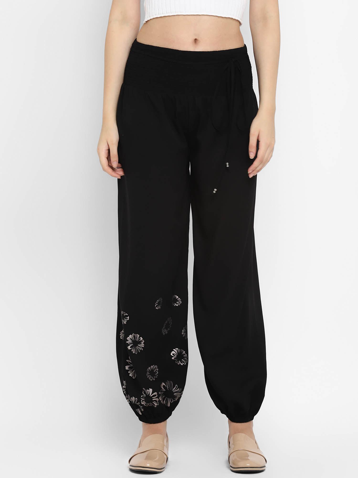 black foil print dobby harem pants