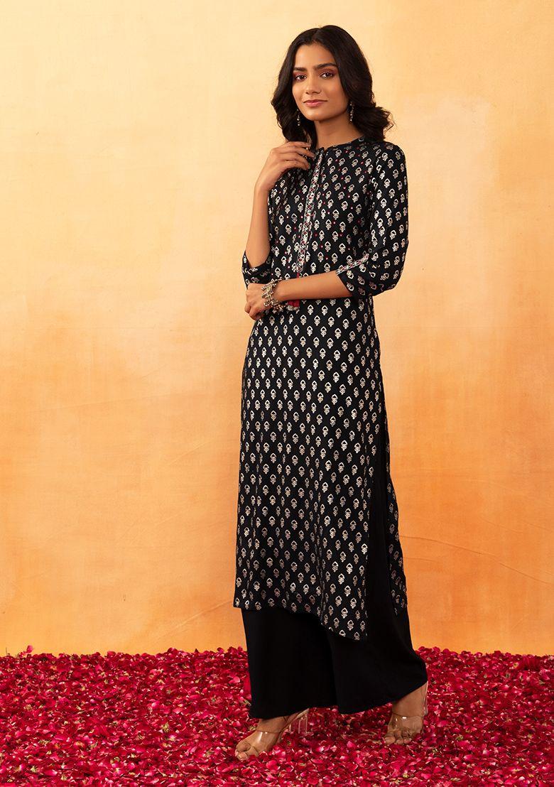 black foil print embroidered rayon kurta