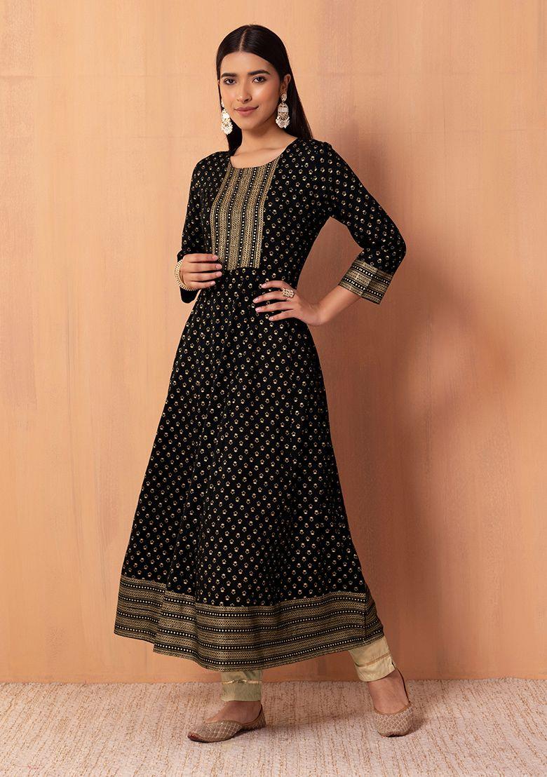 black foil print rayon anarkali kurta