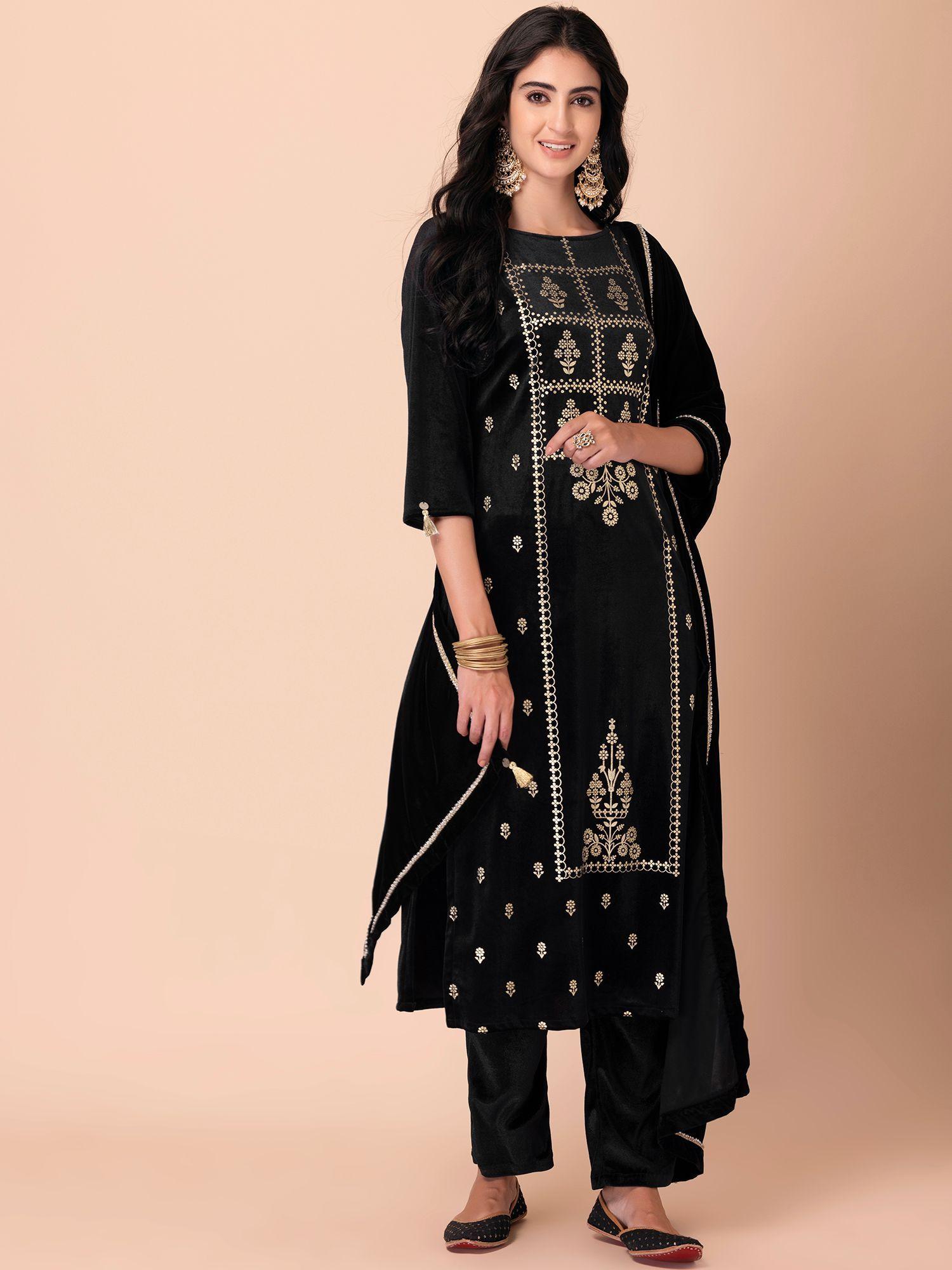 black foil velvet straight kurta