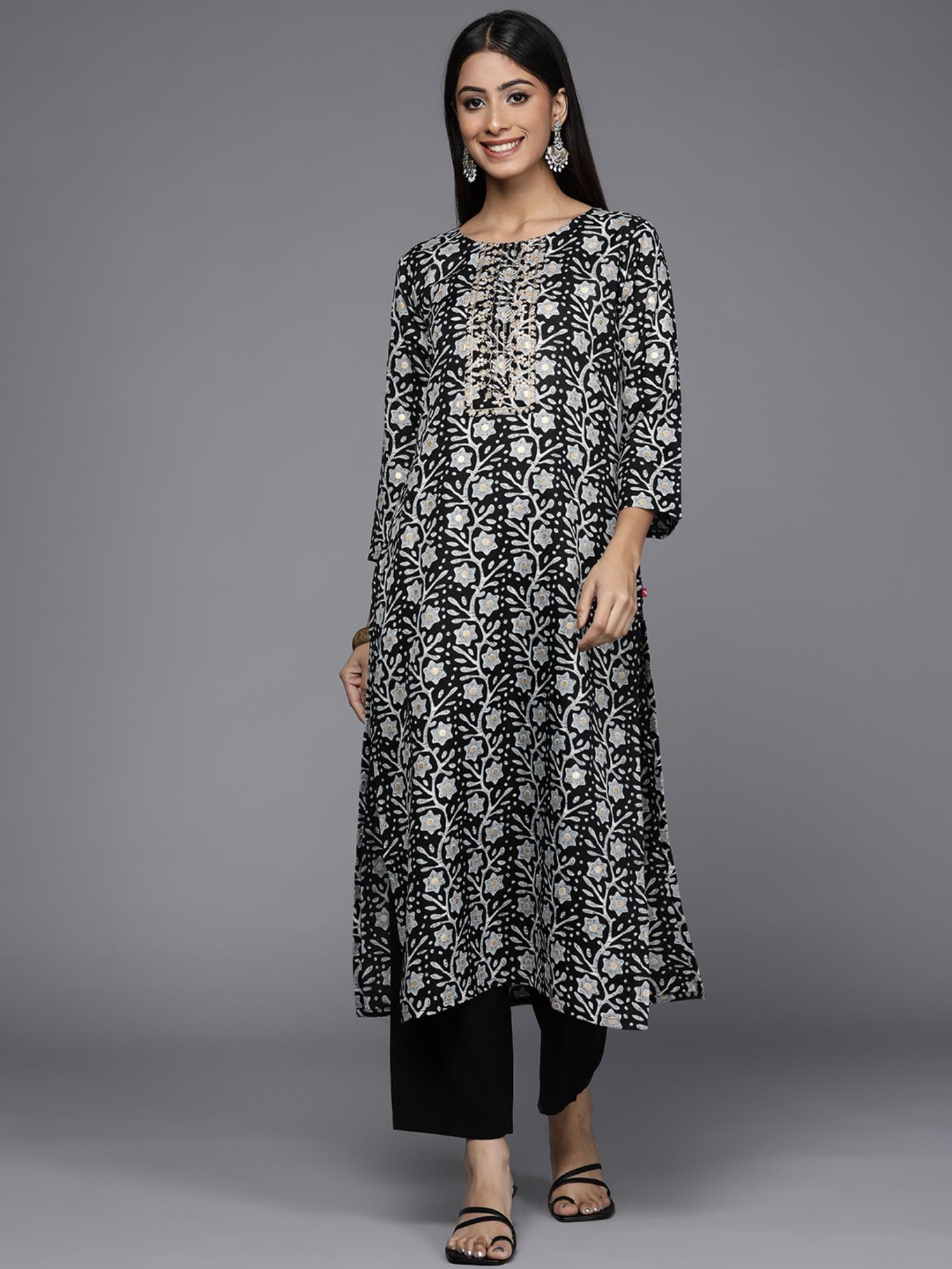 black foiled printed kurta with embroidered yoke