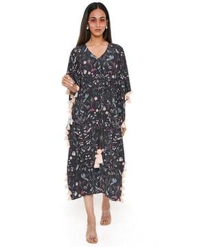 black forest print art crepe kaftan with tassels