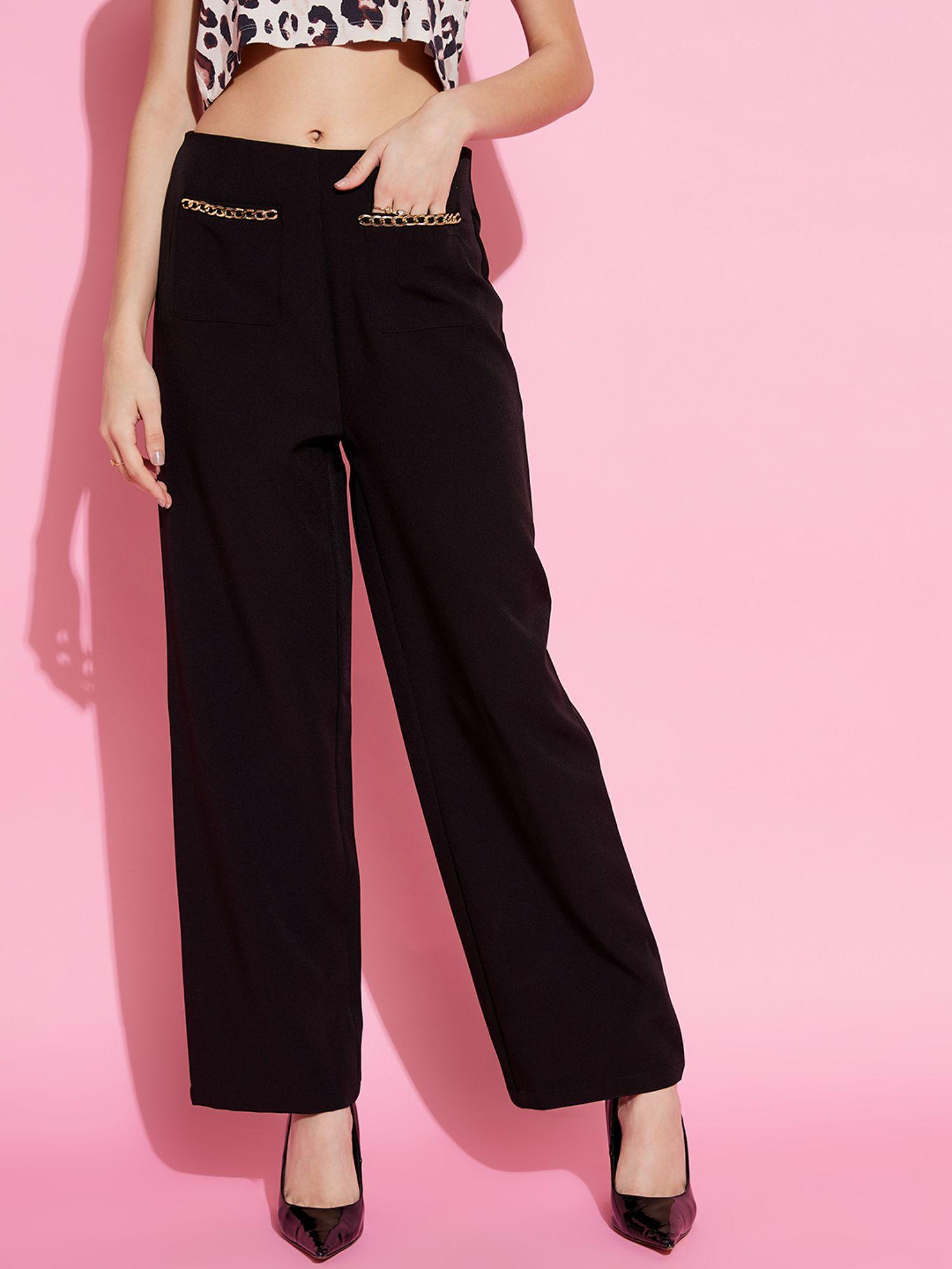 black front pocket chain embellished straight parallel trouser