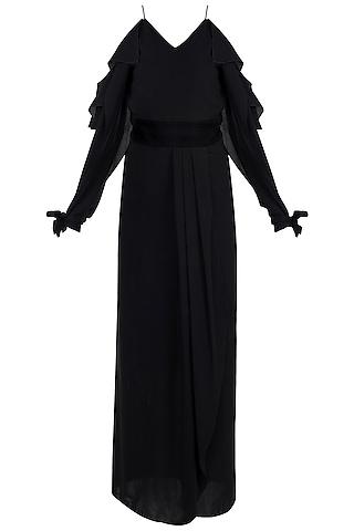 black front slit gown with velvet belt