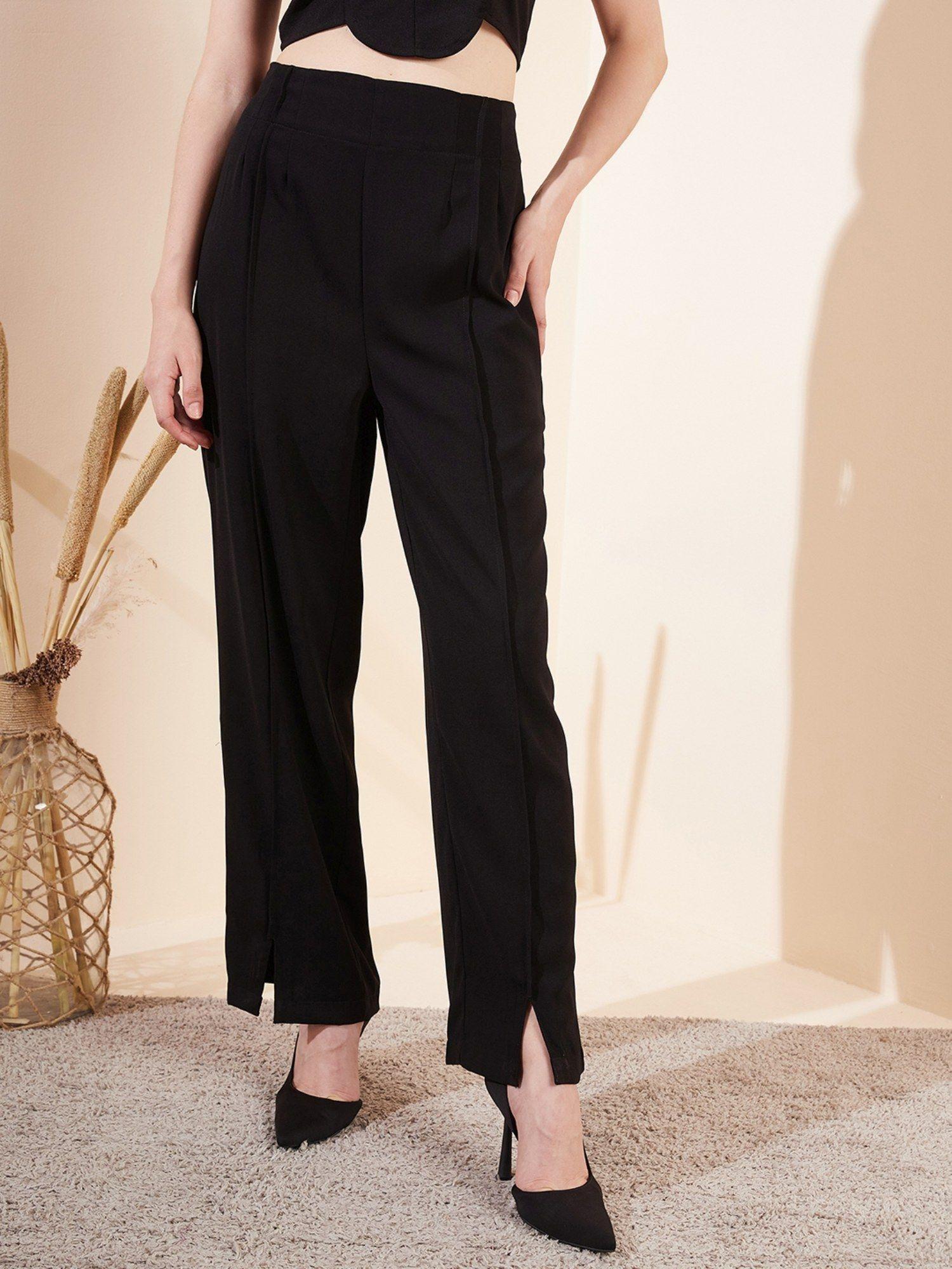 black front-slit straight trousers