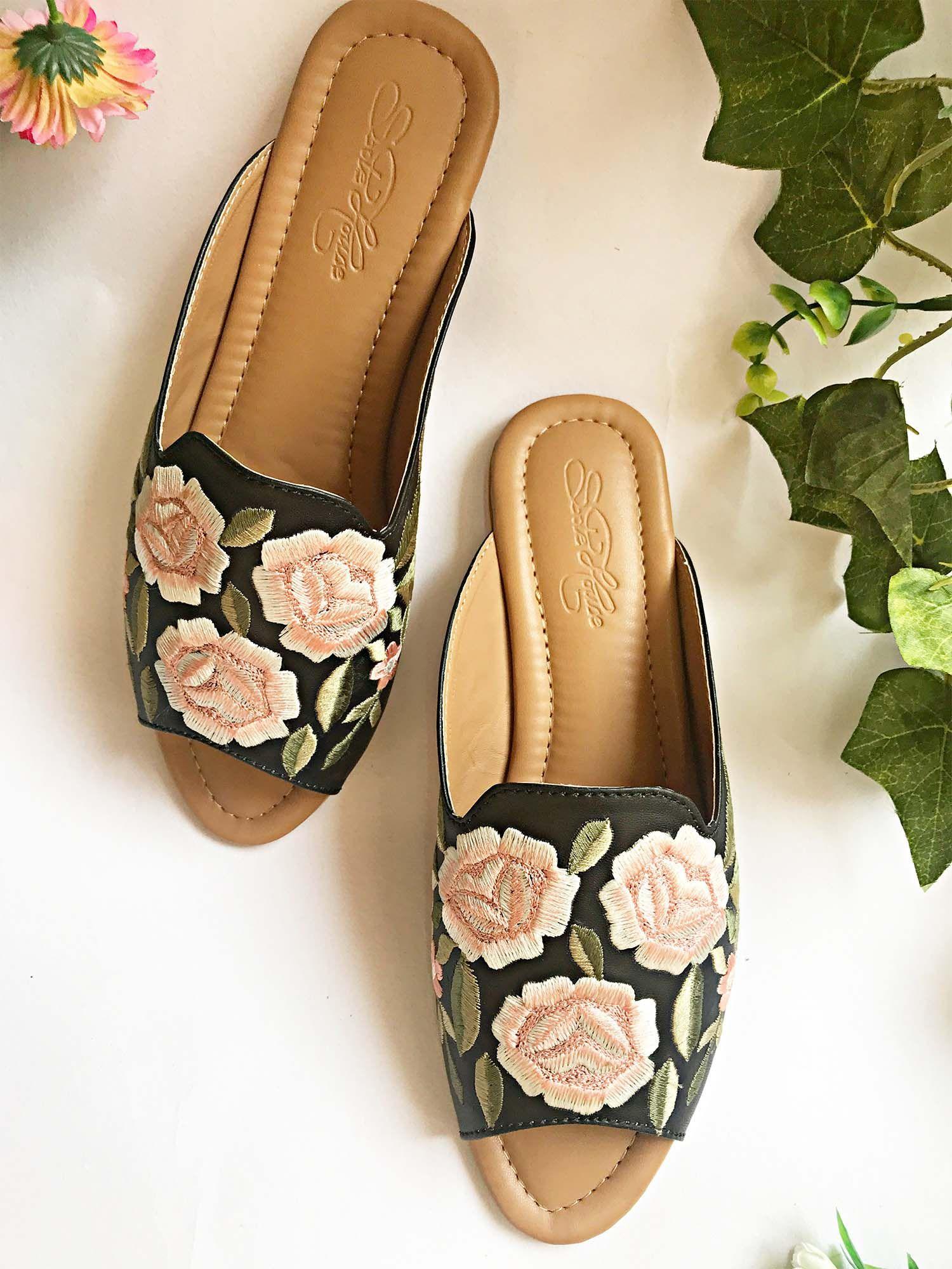 black fuax leather embroidered flats