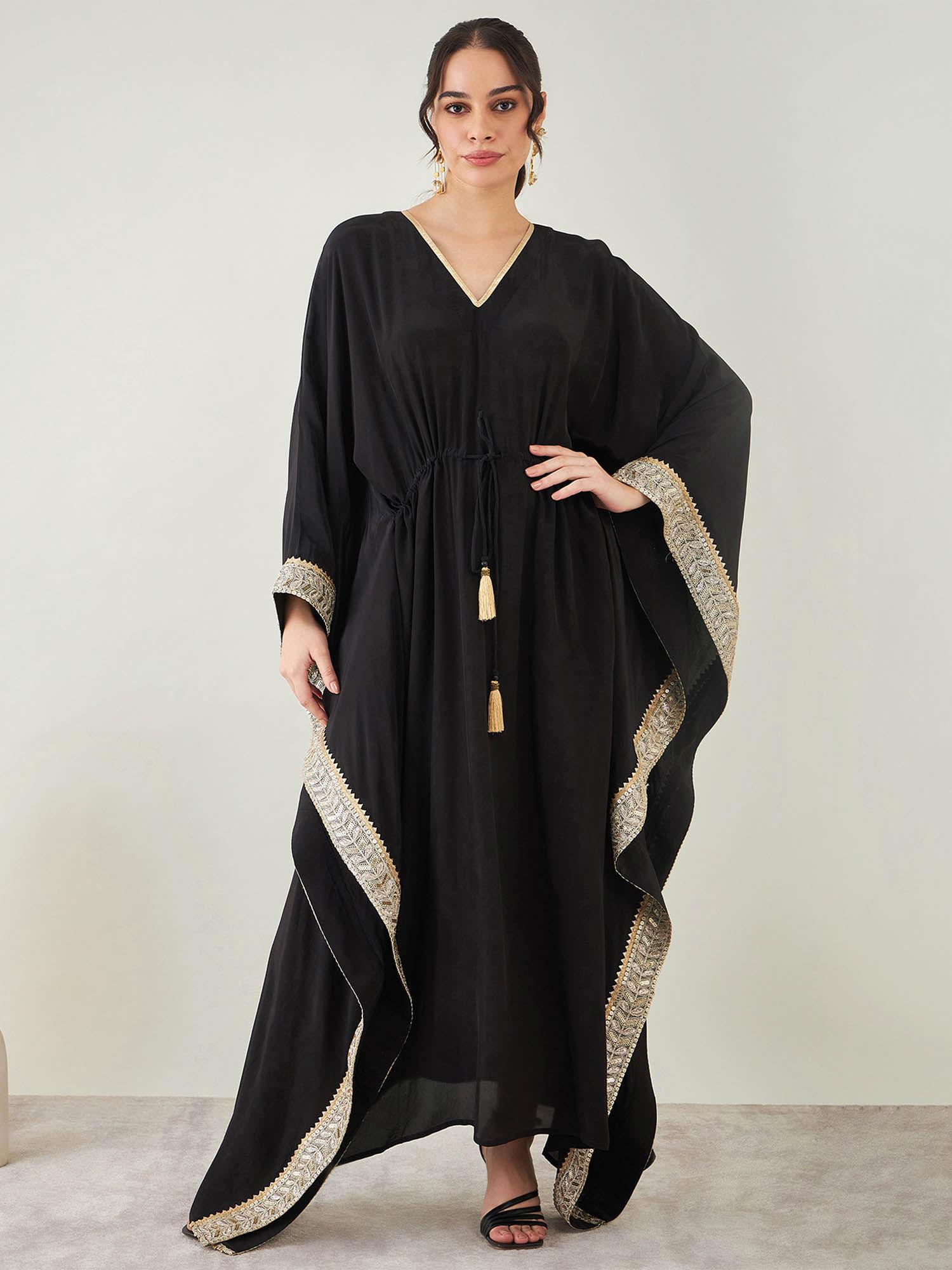 black full length kaftan with gold lace detail