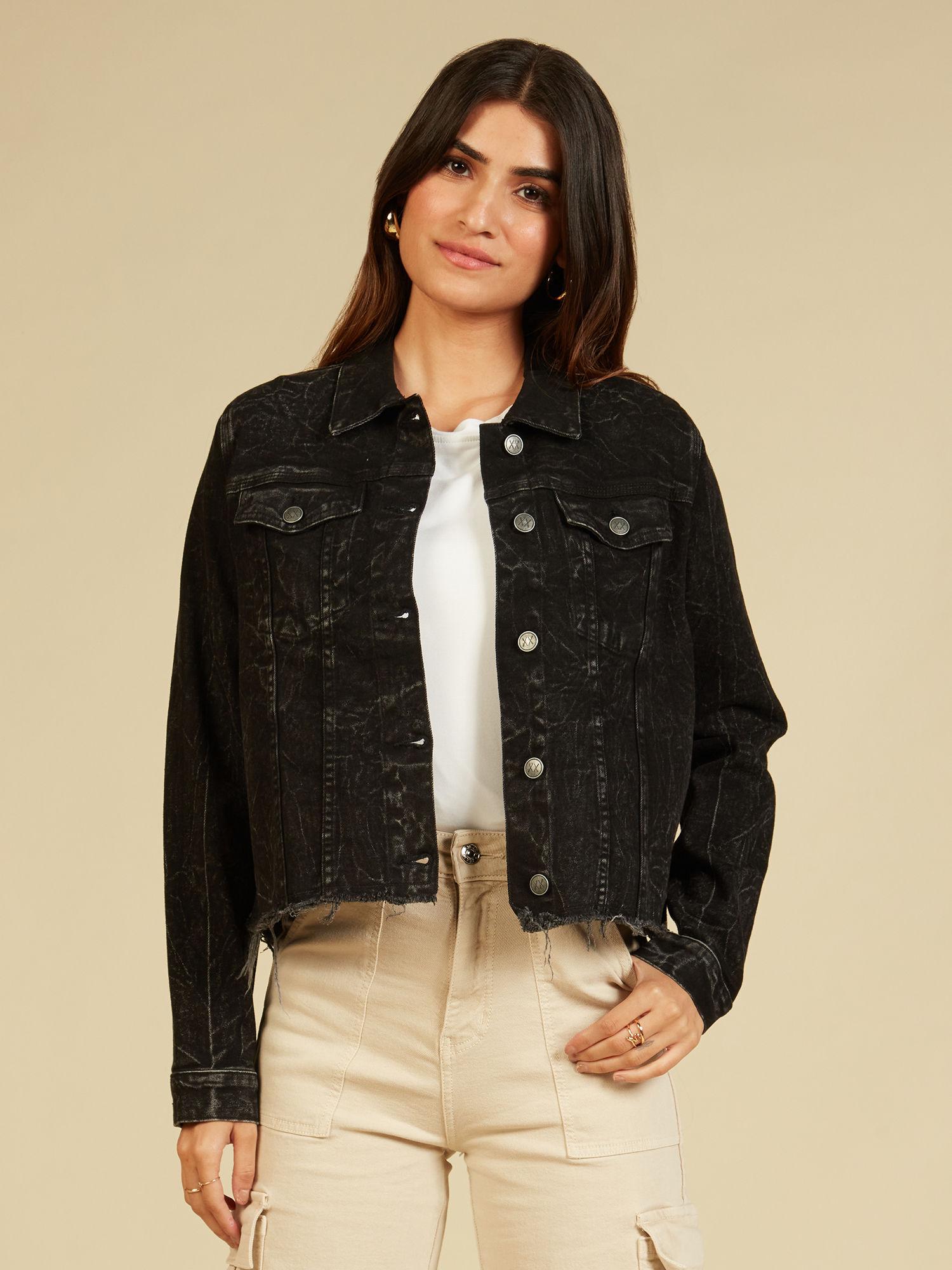 black full sleeves solid denim jacket