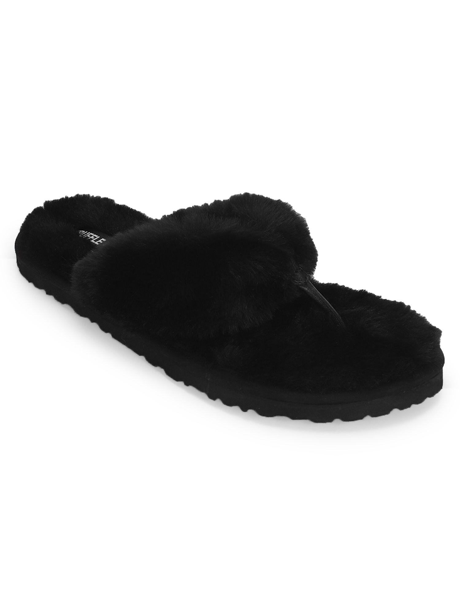 black fur flip flops