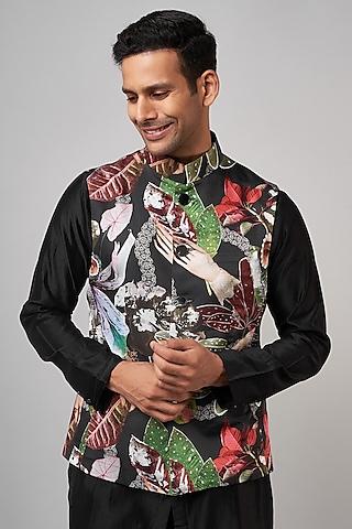 black fused polyester satin printed bundi jacket