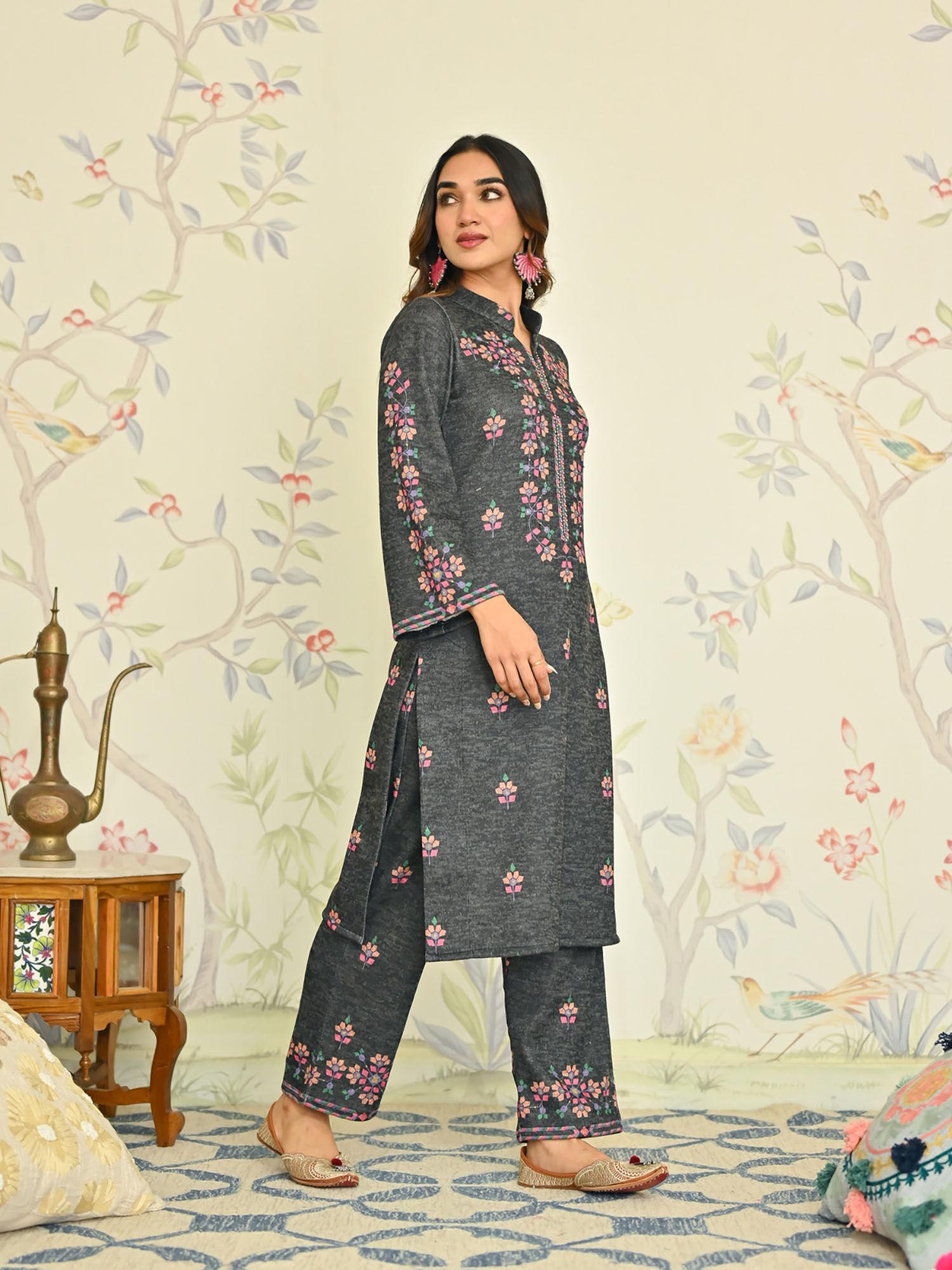 black geometric floral sequins woollen kurta