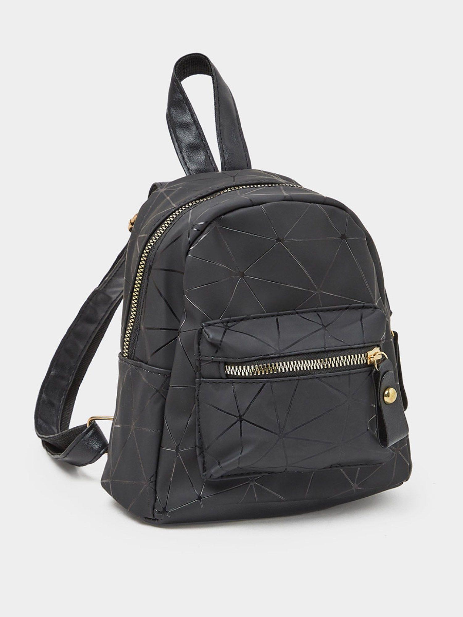 black geometric print front pocket backpack