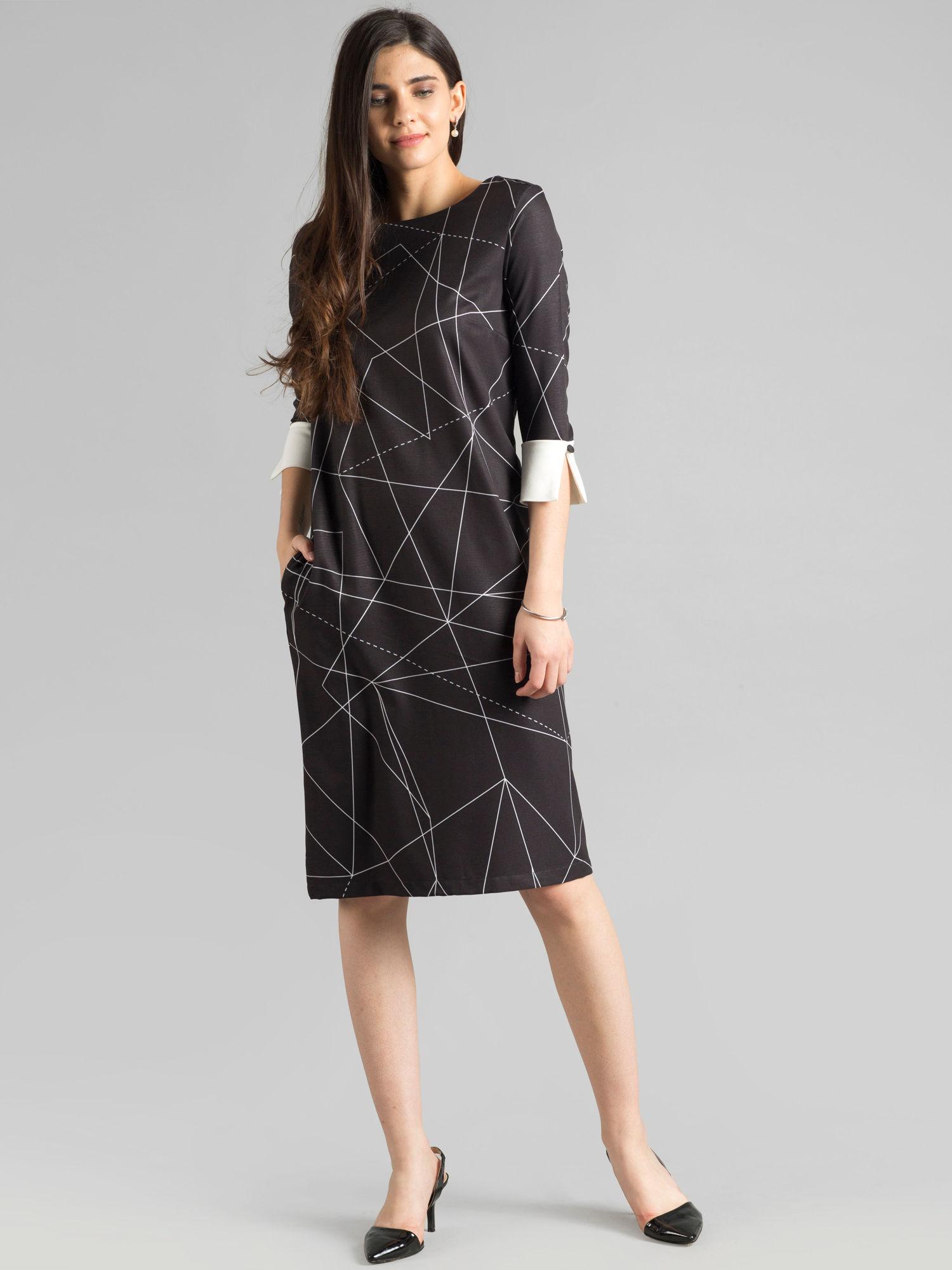 black geometric print shift dress