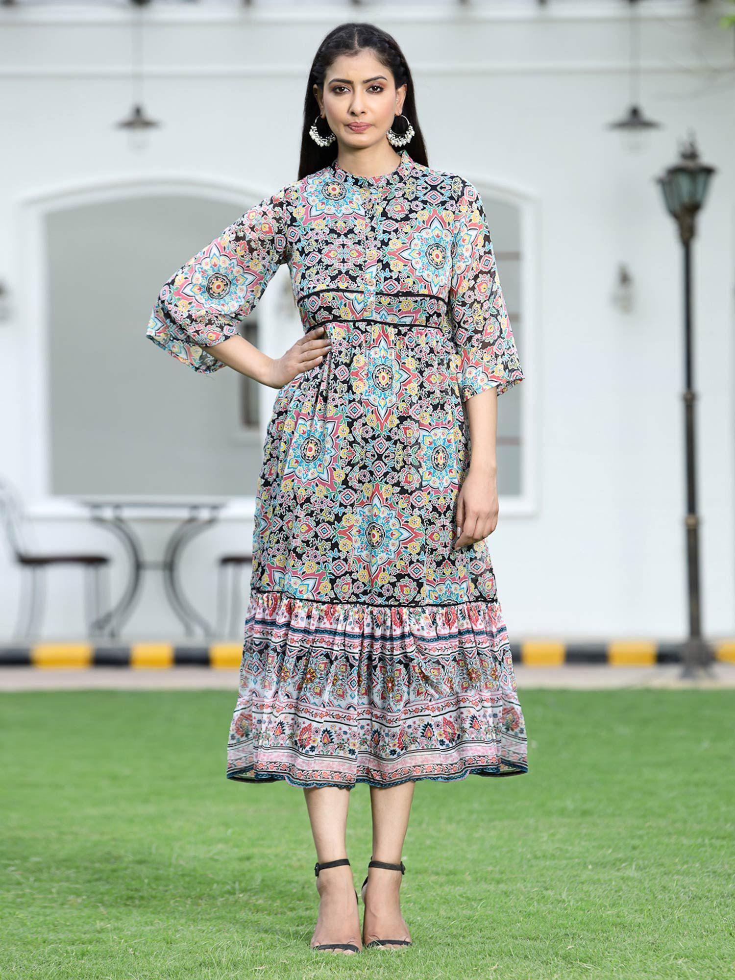 black geometric printed chiffon tiered maxi dress with buttons.