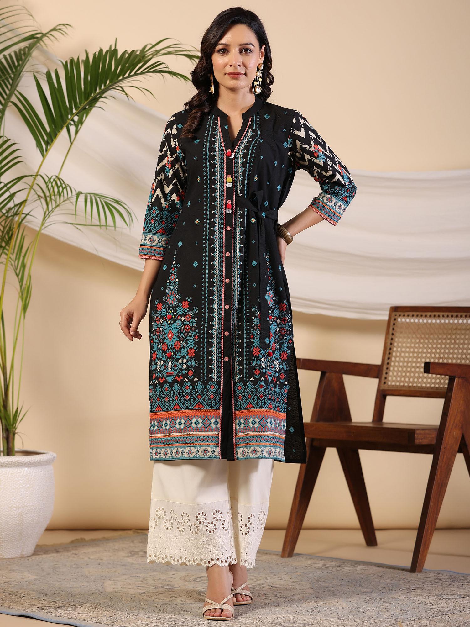 black geometric printed cotton fusion kurta with contrast 3d beadwork side tie-ups & coins