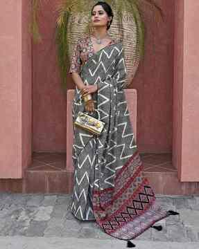 black geometric printed poly crepe saree printed saree