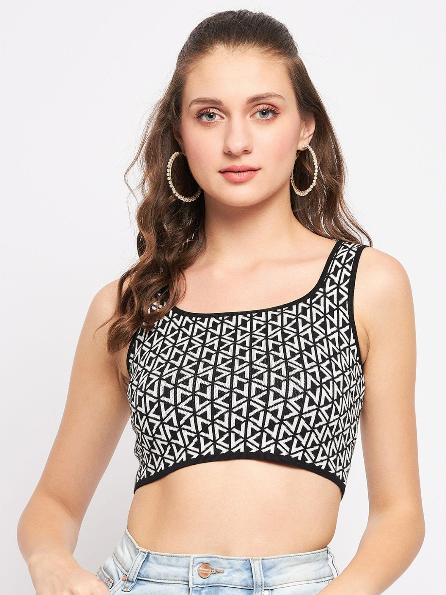 black geometric scoop neck crop tops