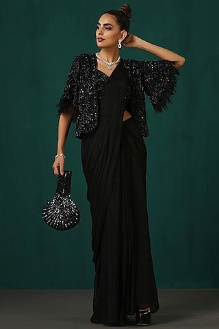 black georgette & crepe sequins embellished jacket draped saree set