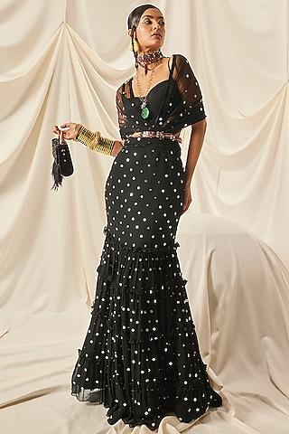 black georgette & net sequins tiered draped saree set