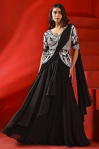 black georgette & satin organza draped jacket saree set