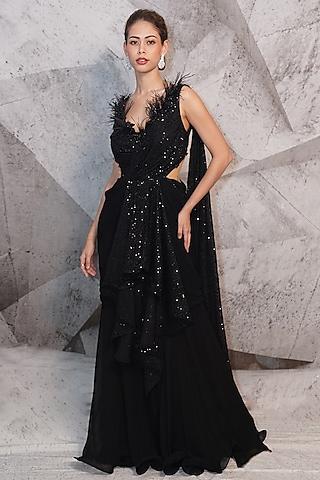 black georgette & sequins georgette cutdana bead embellished gown saree
