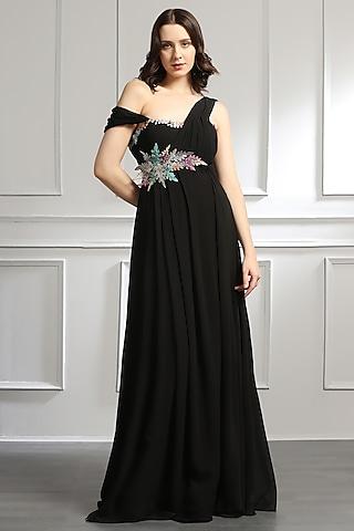 black georgette 3d leaves embellished draped gown