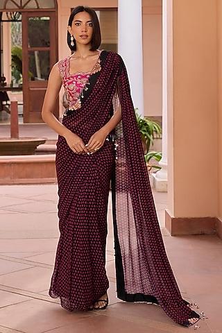 black georgette bandhani printed pre-stitched saree set